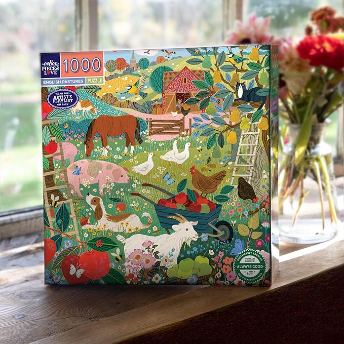 eeBoo 1000 Piece Puzzle - English Pastures Jigsaw Puzzle for Adults, Square 23" x 23" Made with Recycled Board & Vegetable-Based Ink