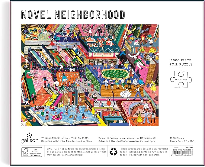 Galison Novel Neighborhood – 1000 Piece Foil Puzzle with Bright and Bold Literature and Iconic Books Artwork with Gold Foil Accents for Adults and Families