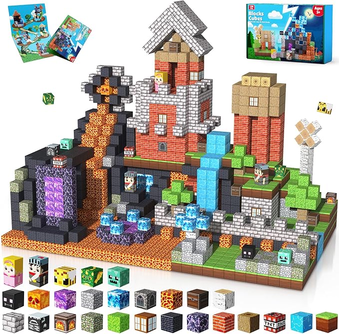 150PCS Magnetic Blocks - Magnet Building Blocks, Stacking Magents Cubes Toys Forest Dark Castle Set, STEM Montessori Sensory Toys for Kids Boys and Girls Ages 3 4 5 6 7 8 9 10 Easter Birthday Gifts