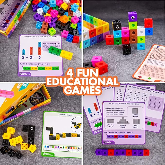 The Young Scientists Club STEM Cubes, Build, Learn & Create with 100+ Math Cubes Manipulatives, 4-in-1 Educational Games, Math Cubes for Kids Ages 4-8, Awesome Learn Through Play Toys