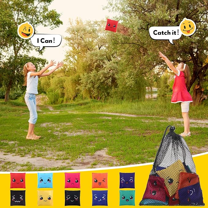 Sotiff 20 Pcs Small Bean Bags for Tossing Educational Cornhole Bags Bulk Mini Educational Learn Colors Toss Toy Cornhole Game Throwing Sack for Outdoor Indoor Hand Toss Sports Activities(Expression)