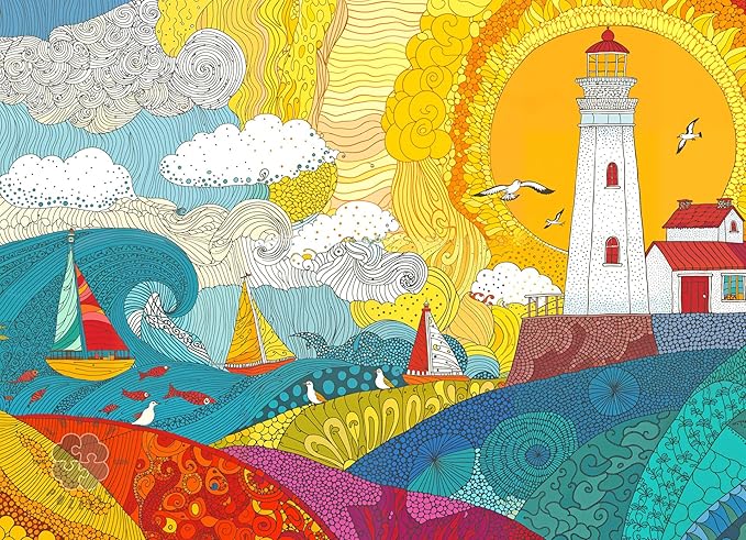 Lucky Puzzles - Lighthouse of a Thousand Suns - 1000 Piece Jigsaw Puzzle for Adults | Unique Nautical Zentangle Puzzle | Premium Puzzle Gift for Ocean and Art Lovers