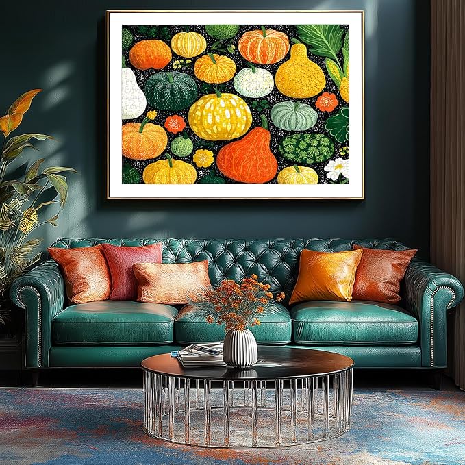 500 Piece Puzzle for Adult Colorful Pumpkins, Gourds & Autumn Squash Fall Vegetables Jigsaw Puzzle- Floral Elements (Flowers/Leaves) Harvest Game, Thick Cardboard, Ideal Gift for Adults