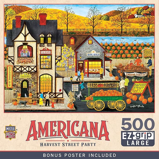 MasterPieces - 500 Piece Jigsaw Puzzle, Large EZ Grip Shapes, Harvest Street Party, Fun for Adults, Seniors, Family, Kids, 19.25" x 26.75"