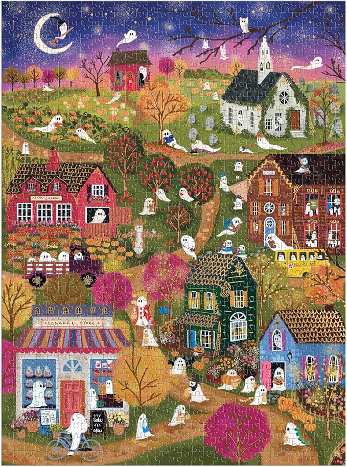 Galison Spooky Village – 1000 Piece Foil Joy Laforme Jigsaw Puzzle Featuring Spooky Artwork of Ghostly Village During Halloween