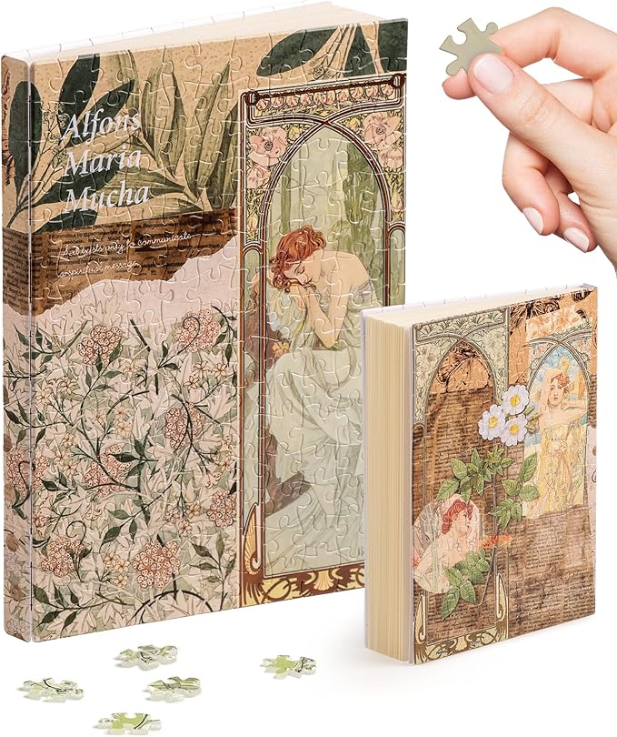 PieceRelax A5 3D Puzzle Journal for Adults, 300 Piece Plastic Jigsaw Book Cover (Includes Notebook) - Alphonse Mucha - The Times of the Day, Unique Gift [YA1059]