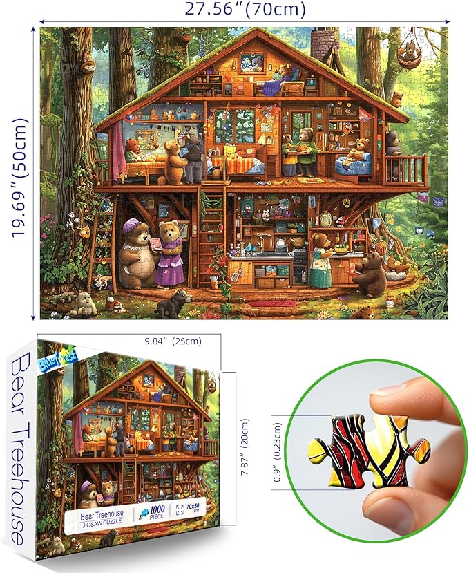 Blueforest 1000 Piece Jigsaw Puzzle - Large Forest Treehouse Bear Family Art Puzzle for Adults | Challenging Fun for Adults Home Decor (27.5 x 19.7 Inches)