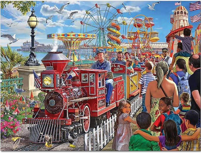 White Mountain 500 Piece Jigsaw Puzzle Theme Park Train Puzzles with Large Pieces Gift for Adults 18"x24" - Seaside Railroad