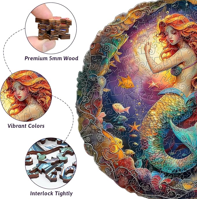246 Piece Enchanted Mermaid Round Wooden Jigsaw Puzzle for Adults - 12.7 x12.4’’ Vibrant Ocean Fantasy Puzzle, Relaxing Family Activity, Unique Gift for Mermaids & Mythology Lover (Mermaid)