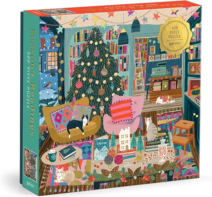 Galison Season's Reading – 500 Piece Foil Jigsaw Puzzle Featuring Beautiful Artwork of A Cozy Christmas Bookshop Scene with Gold Foil Accents