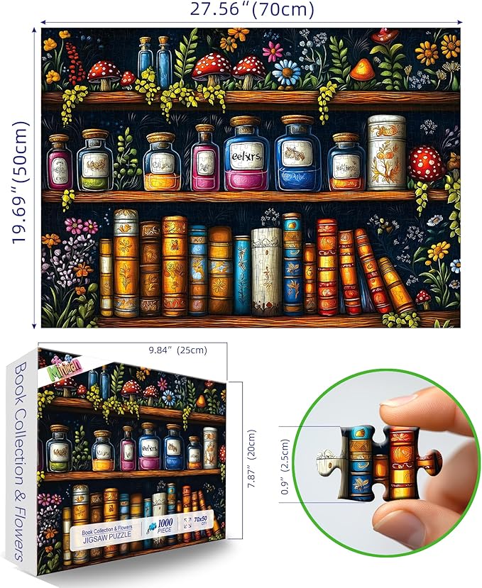 MINIWAN Vintage Witchy Apothecary Shelf 1000 Piece Jigsaw Puzzle for Adults, Mushroom Botanical Flower Magic Elixir Jigsaw Puzzle, Gift for Puzzle Lovers 27.5x19.7 Inch