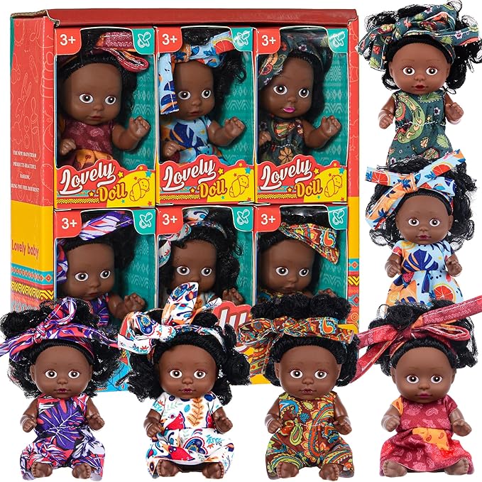 dollbie 6 Pack 4 Inch African Girl Dolls Set - Black Mini Dolls with Colorful Outfits & Hairbands – Gift for Girls 3-6, 6-12 Educational Toys & Decorative Figures
