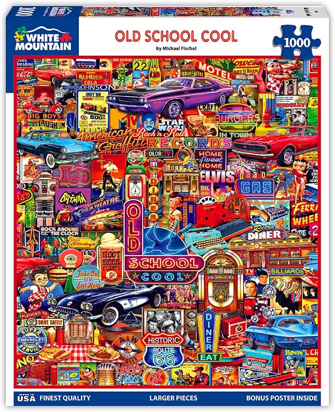 White Mountain 1000 Piece Jigsaw Puzzle Retro Nostalgic Collage Puzzles with Large Pieces Gift for Adults and Family 24"x30" - Old School Cool