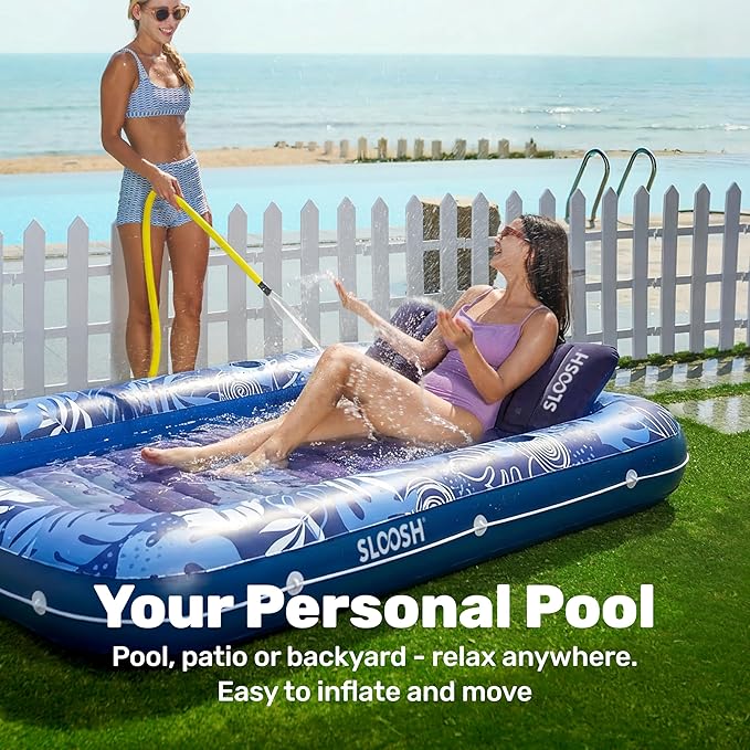SLOOSH Inflatable Tanning Pool Lounger Float, 85" x 57" Extra Large Pool Floats Adult with Pillow, 4 in 1 Suntan Tub Raft Floatie,Sunbathing Bed Lounge for Water Blow Up Ball Pit, XL-Dark Blue