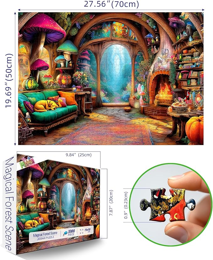 MINIWAN Fantasy Mushroom Cottage Living Room Puzzles for Adults 1000 Pieces, Cozy Enchanted Fairy Cabin with Sleeping Dog Jigsaw Puzzle, Gift for Fairy Tale Lovers 27.5x19.7 Inches