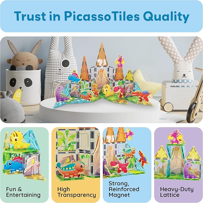PicassoTiles Magnet Tiles Building Blocks Dinosaur Theme Set with 8 Magnetized Action Figures Magnetic Construction Build and Play Toy with Magnets STEM Learning Activities for Toddlers 3+ PTQ13