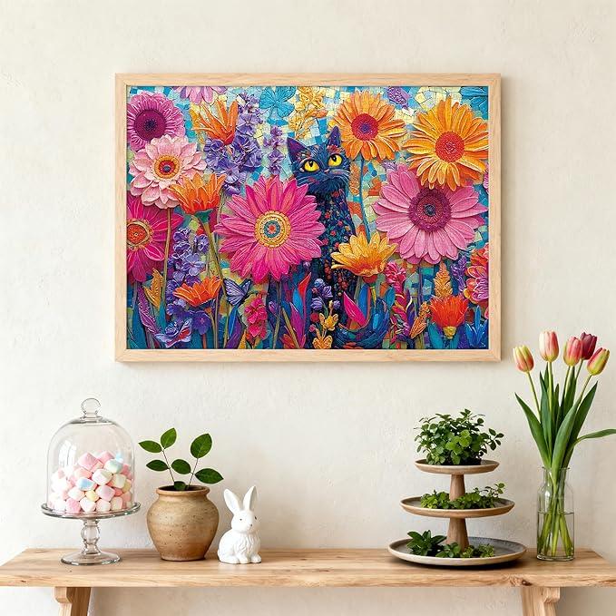 Colorful Flowers Cat Puzzles for Adults 1000 Pieces, Perfectly Letter on Back No Dust, Stained Glass Jigsaw Puzzle Black Cat Theme, Challenging Puzzle Perfect for Game Nights Family Puzzle