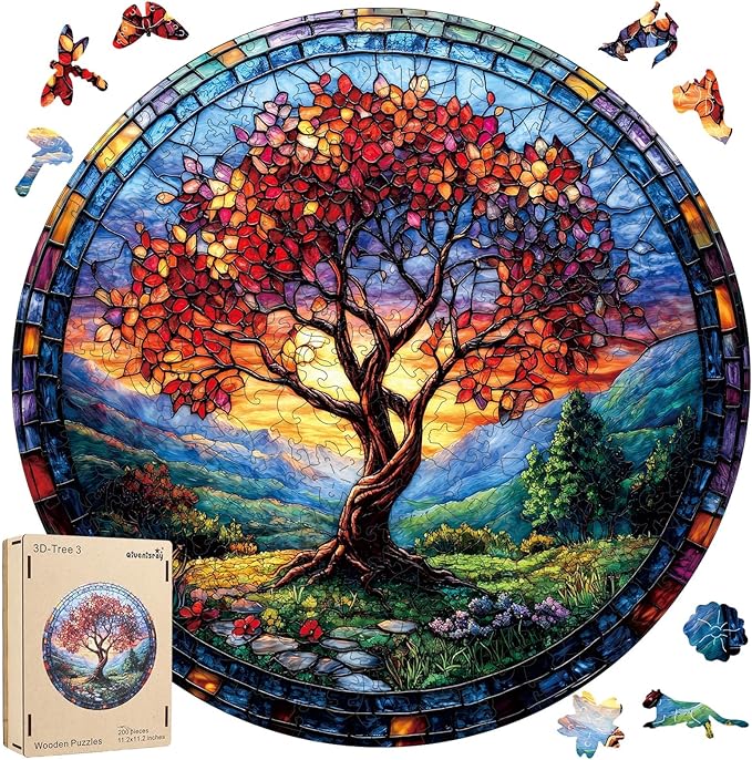 Qiuenisray Wooden Puzzles, Autumn Redwood Tree Jigsaw Puzzles 200 Pieces, FSC Certified Wood Puzzle, Beautiful Wall Decor, Unique Shape Adult Puzzle Pieces, Creative Gift for Family Game 11.2x11.2 in