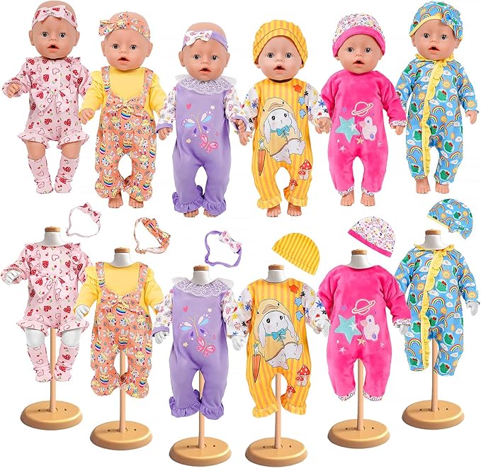 WONDOLL 6 Sets 14-18 Inch Baby Doll Clothes, New Born Doll Outfits with Rompers & Accessories for 16-inch Soft Body Dolls ( No Doll)