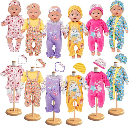 WONDOLL 6 Sets 14-18 Inch Baby Doll Clothes, New Born Doll Outfits with Rompers & Accessories for 16-inch Soft Body Dolls ( No Doll)
