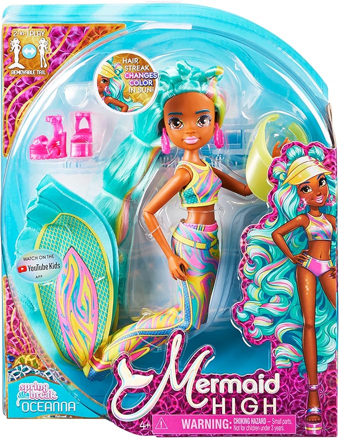 MERMAID HIGH, Spring Break Oceanna Mermaid Doll & Accessories with Removable Tail and Color Change Hair Streaks, Kids Toys for Girls Ages 4 and up