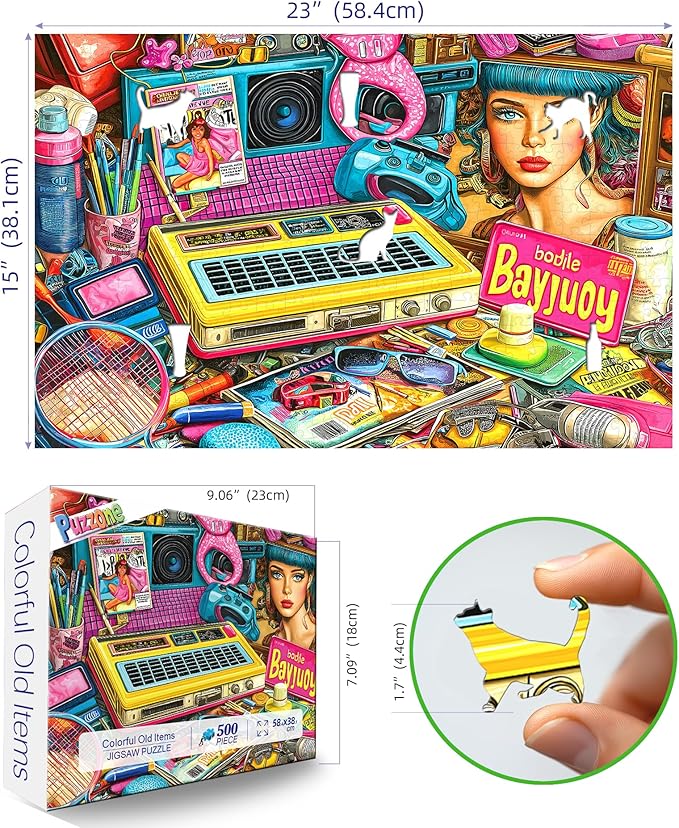 Retro Pop Art Jigsaw Puzzle, 500 Pieces, Vibrant Beauty and Technology Theme Collage, Adult Entertainment