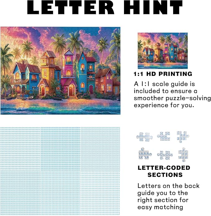 Beach Puzzles for Adults 500 Piece, Xovnio Panoramic Cottage Seaside Romantic Art Jigsaw Puzzle, Beach Ocean Summer Puzzle, Colorful House Jigsaw Puzzles