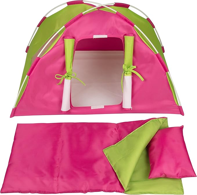 Dress Along Dolly Doll Camping Bed Tent w Sleeping Bag & Pillow - Premium Handmade Furniture Accessories for 18" Dolls - Large Sized -23"x 15"x14"