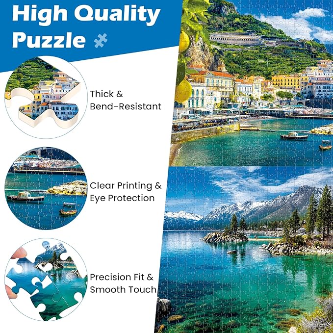 2 Pack 500 Pieces Puzzle for Adults, Summer Amalfi Coast Puzzle 500 Pieces for Adults Teens Seniors, Lake Tahoe Scenery Jigsaw Puzzle Challenging Puzzles for Family Activity Gift