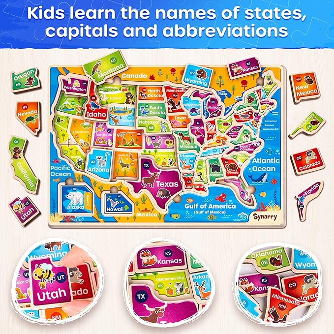 SYNARRY Large USA World Wooden Puzzles for Kids Ages 4-6, Learning United States World Maps Puzzles for Kids Ages 6-8, Wood Jigsaw Puzzles Educational Games Toys for Boys Girls Ages 3-8, Easter Gifts