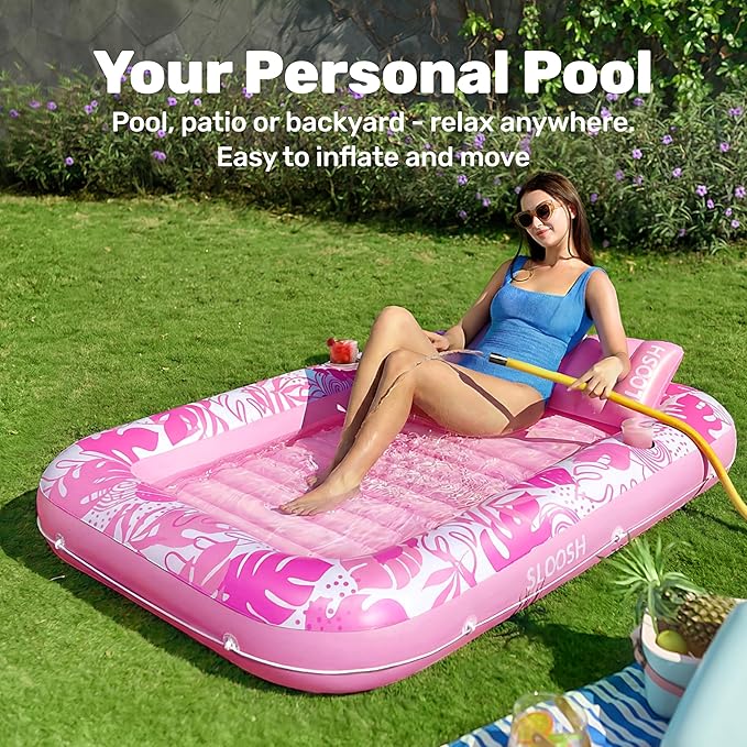 SLOOSH Inflatable Tanning Pool Lounger Float, 70" x 46" Pool Floats Adult with Pillow, 4 in 1 Suntan Tub Raft Floatie,Sunbathing Bed Lounge for Water Blow Up Kids Ball Pit Party Gifts, L-Hot Pink