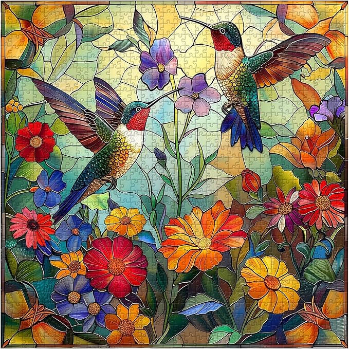 Stained Glass Puzzles for Adults 1000 Pieces, PICKFORU Colorful Flower Hummingbird Jigsaw Puzzles, Mosaic Bird Puzzles as Home Decor