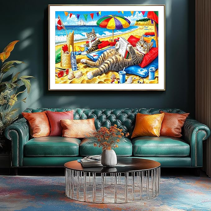 1000 Piece Beach Cats Jigsaw Puzzle for Adults, Colorful Summer Beach Scene with Kittens, 27.56x19.69 Inches, Relaxing Activity & Decoration