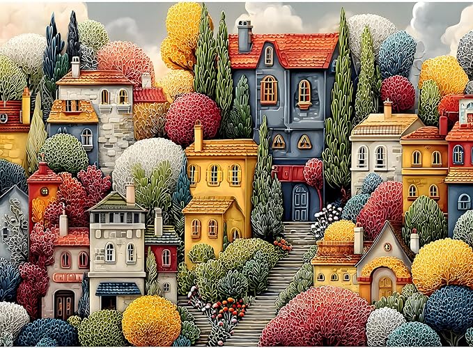 Puzzles for Adults 500 Pieces, Colorful Town Jigsaw Puzzles - Blossom Village, Impossible Colorful Town Puzzles for Seniors Family, 20.47x14.96 inches, 1:1 Poster, Letter on The Back