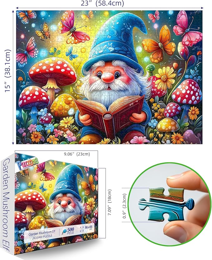 Mushrooms Jigsaw Puzzles 500 Pieces Enchanted Garden Reading Puzzles for Adults 500 Pieces with Gnome Mushrooms Butterflies Magical Fantasy Puzzle for Home Decor, 23 x 15 Inch