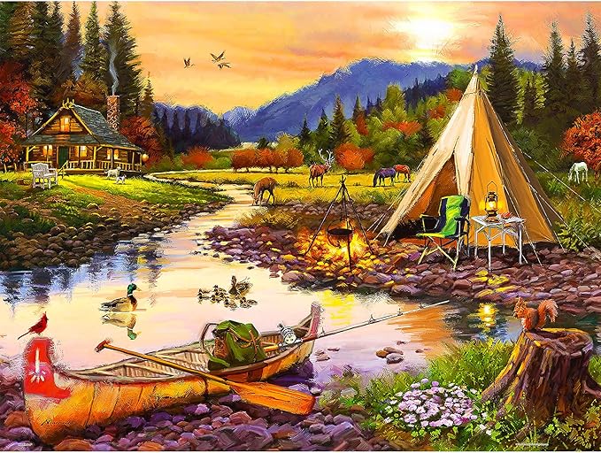 PieceRelax PieceClicks Plastic Jigsaw Puzzle for Adults 1000 Pieces - The Macneil Studio - Golden Haven Camp - 25.2 X 18.9 Inches, Most Satisfying Table Games, No Glue Needed [U1041]