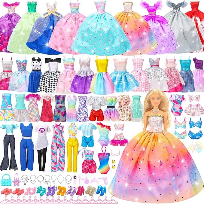 Style Shine 70 Pcs Doll Clothes and Accessories,2 Wedding Gown 6 Fashion Dresses 2 Set Casual Outfits 1 Top 1 Pant Bikini 1 Swimsuit,20 Hanger 10 Shoe 27 Accessories Toys for Girls Kids Birthday Gift