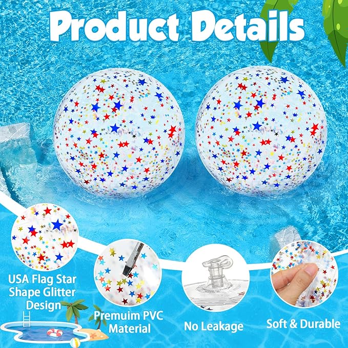 12 Pack 4th of July Patriotic Beach Balls 16" Large Inflatable Pool Ball Sequins Party Decoration PVC Jumbo Sport Ball Adults Independence Day Summer Beach Swimming Pool Water Games Party Favor
