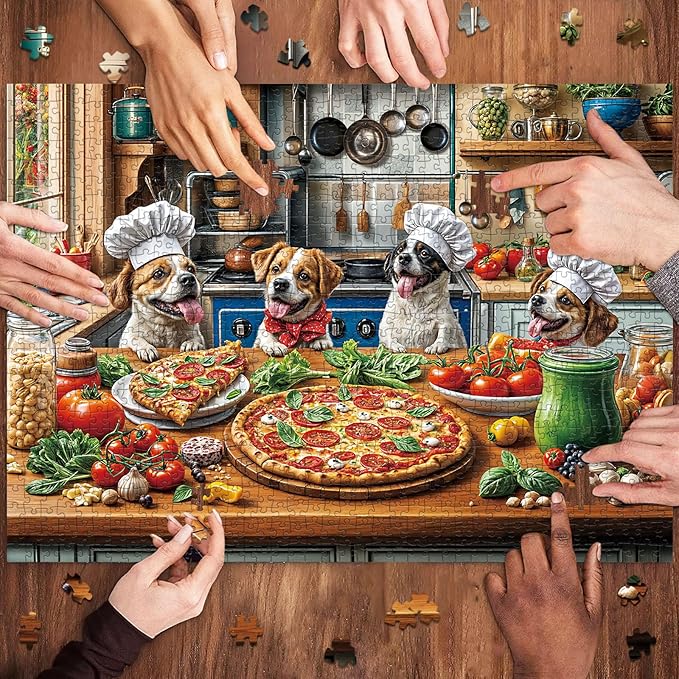 Funny Dog Pizza Jigsaw Puzzle, 1000 Piece Puzzle for Adults, Food Kitchen Puzzles, Animal Pet Lover Challenging Puzzles, Interlock Perfectly No Dust, Gifts for Easter Father's Day