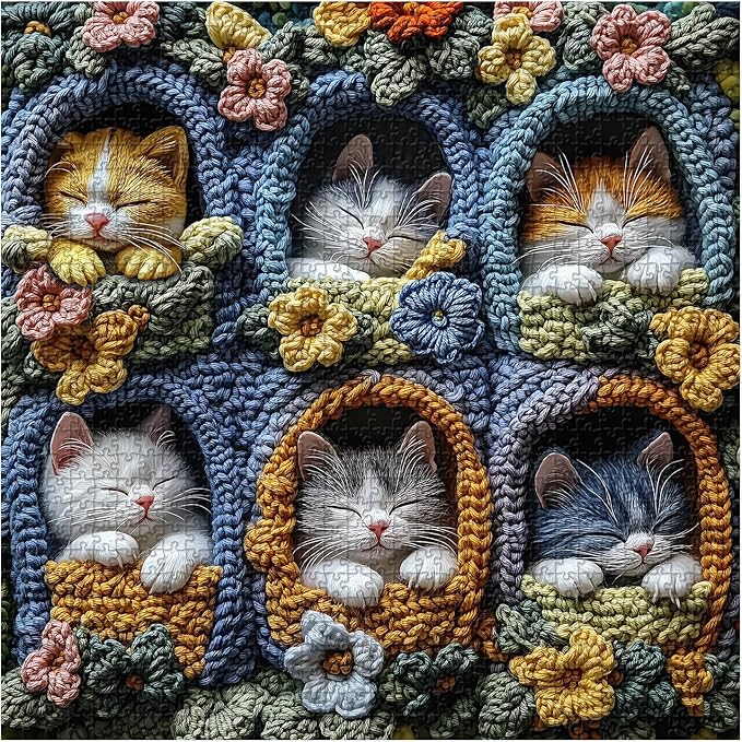 Cat Puzzles for Adults 1000 Pieces, PICKFORU Cute Kitten Puzzle Wildflowers Embroidery, Difficult Animal Flower Art Theme as Wall Decor