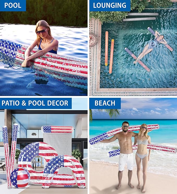 POZA Inflatable USA Pool Float - Luxurious Fun Lounger Filled with Sparkle Silver Stars Confetti, Cool USA Flag Design Water Swimming Pool Floaties for Beach, Lake & Pool