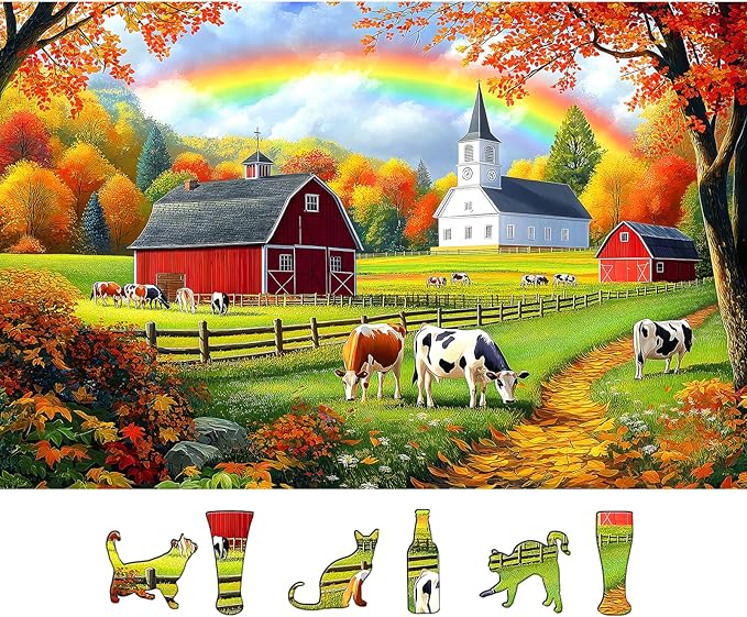 MINIWAN 500 Piece Puzzles for Adults - Farm Rainbow Cow Jigsaw Puzzle, 23x15 Inches with Unique Irregular Shaped Pieces for Relaxation & Home Wall Decor