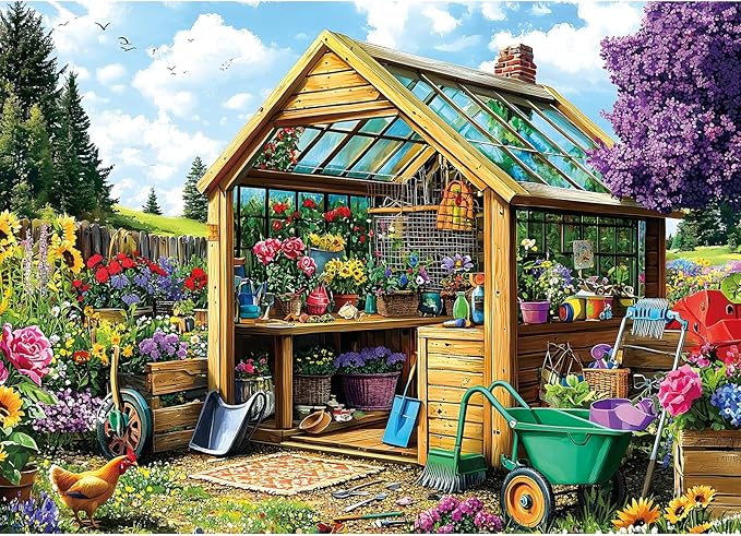 1000-Piece Garden Shed Greenhouse Jigsaw Puzzle for Adults – Vibrant Floral & Tool Scene, Stress-Relieving Relaxation Activity (27.56" x 19.69")