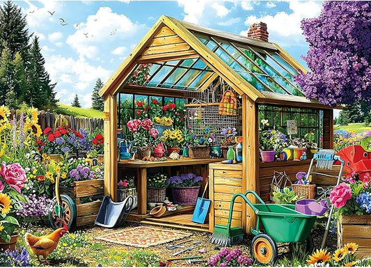 1000-Piece Garden Shed Greenhouse Jigsaw Puzzle for Adults – Vibrant Floral & Tool Scene, Stress-Relieving Relaxation Activity (27.56" x 19.69")