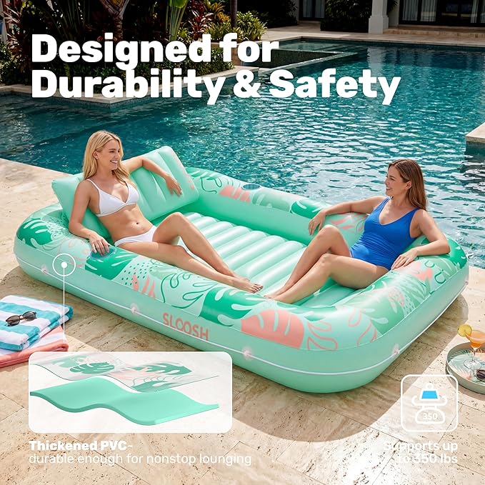 SLOOSH Inflatable Tanning Pool Lounger Float, 85" x 57" Pool Floats Adult with Pillow, 4 in 1 Suntan Tub Raft Floatie,Sunbathing Bed Lounge for Water Blow Up Ball Pit Party Gifts, L-Aqua Blue