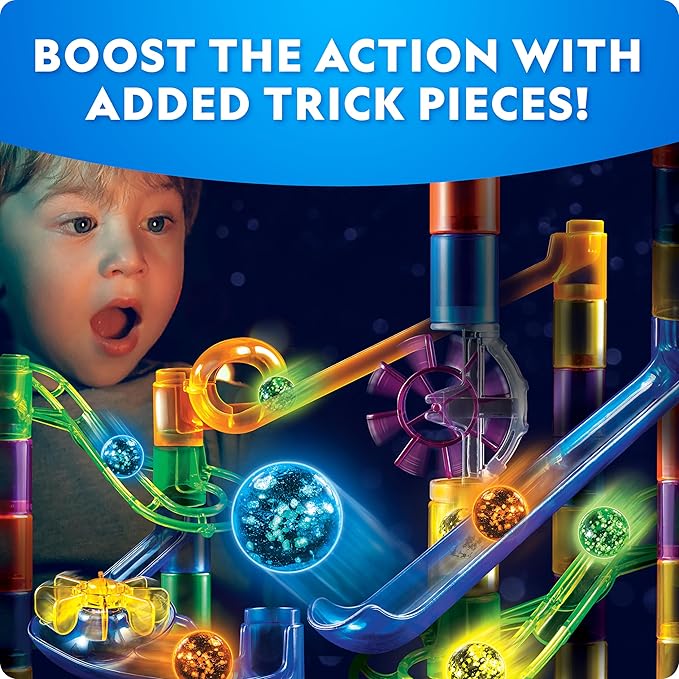 NATIONAL GEOGRAPHIC Glowing Marble Run Expansion Pack - 5 Glow in The Dark Glass Marbles, 20 Construction Pieces, Great Creative STEM Toy for Girls and Boys, Marble Maze
