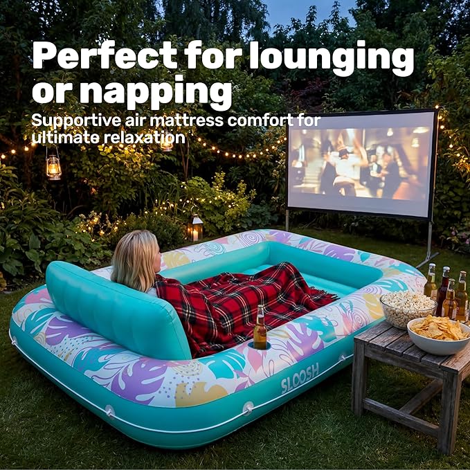 SLOOSH Inflatable Tanning Pool Lounger Float, 85" x 57" Pool Floats Adult with Pillow, 4 in 1 Suntan Tub Raft Floatie,Sunbathing Bed Lounge for Water Blow Up Ball Pit Party Gifts, L-Tropical Blue