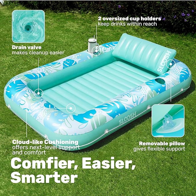 SLOOSH Inflatable Tanning Pool Lounger Float,85" x 57" Extra Large Pool Floats Adult with Pillow,4 in 1 Suntan Tub Raft Floatie,Sunbathing Bed Lounge Blow Up Ball Pit Party Gifts,XL-Cyan White
