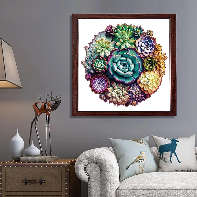 Delobil Mandala Succulent Wooden Puzzles, 500 Pieces Jigsaw Puzzles 16.9'' x16.3'', Unique Design Wooden Puzzles for Adults and Kids, Family Game Gift