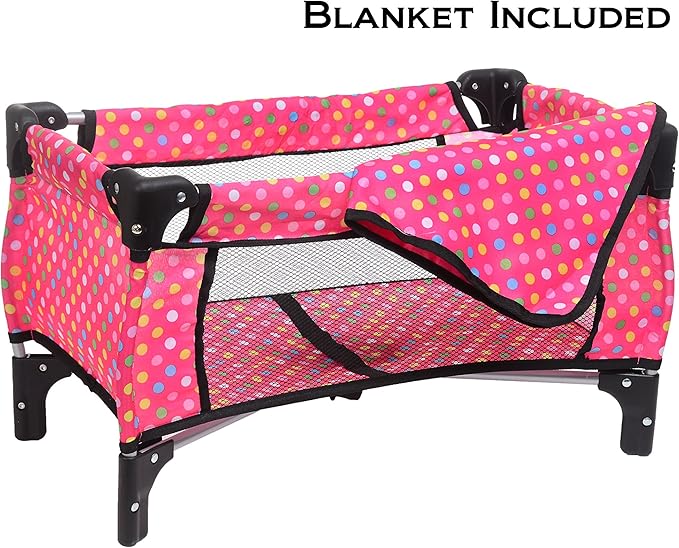 Fash n kolor 3 Piece Baby Doll Play Set – Polka-Dot Design Pack n Play, Foldable Doll Stroller, High Chair – Fits 18 Inch Dolls – Pretend Play Doll Nursery Accessories Set